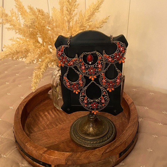 Gorgeous Bib Necklace with warm red and orange stones and diamond stones - Picture 6 of 6